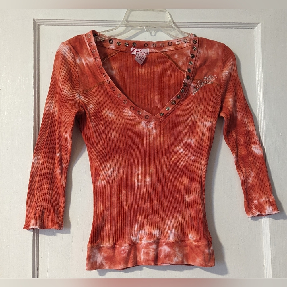 Request Jeans Women's Bohemian Orange Tie Dye V-Neck 3/4 Sleeve Crop Top